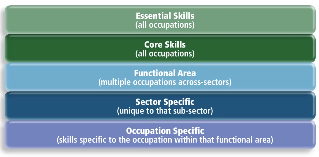 Essential Skills (all occupations; Core Skills (all occupations); Functional Area (multiple occupations across-sectors); Sector Specific (unique to that sub-sector); Occupation Specific (skills specific to the occupation within that functional area)